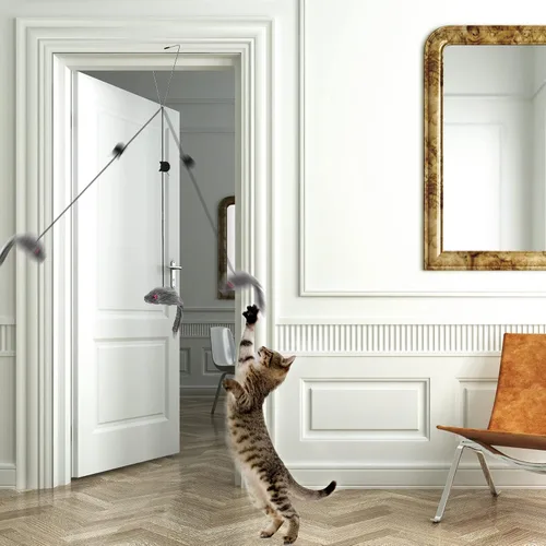 Vista 7 de FYNIGO 2 piezas de juguetes interactivos para gatos y gatitos de interior, juego de ratones de puerta colgante para auto juego, ratones de peluche
