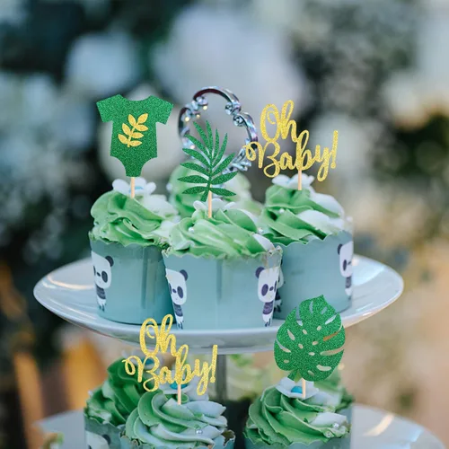 Vista 3 de Paquete de 24 adornos para cupcakes Oh Baby – Paleta de hojas de palmera, safari en la selva, Luau, revelación de género, baby shower, niños, fiesta