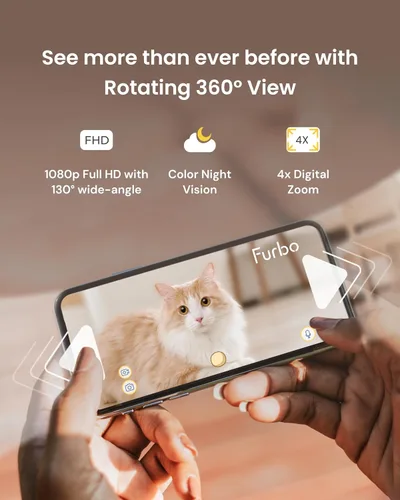 Vista 2 de Furbo 360° Cámara para Gatos: Cámara de Seguridad para Mascotas con Alertas de Miauidos, Vista Rotatoria, Lanzamiento de Golosinas con Aplicación