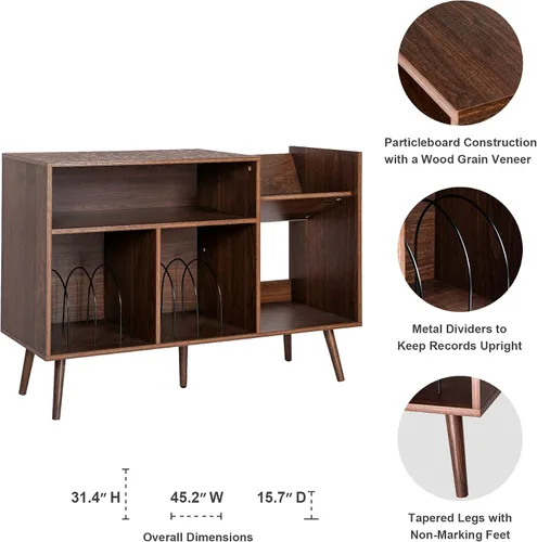 Vista 2 de Mid-Century - Moderno soporte para tocadiscos, mesa de almacenamiento de discos de vinilo con patas de madera, soporte para tocadiscos, soporte