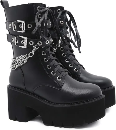 Vista 2 de Botas al tobillo para mujer, plataforma de tacón grueso, botas góticas de invierno, punta redonda, bloque atado en la mitad de la pantorrilla