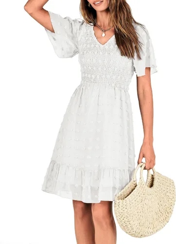 Vista 7 de BTFBM - Vestido de vacaciones en la playa para mujer, cuello en V, manga corta, fruncido, plumetí, casual, con volantes,vestidos cortos
