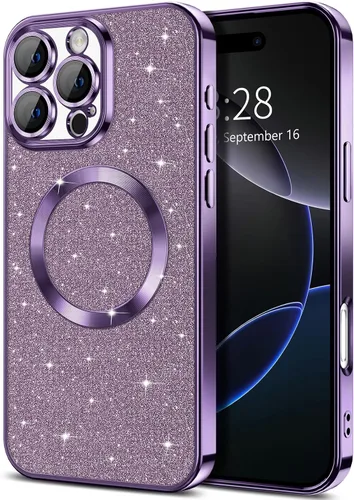 Vista 11 de Hython para iPhone 16 Funda con chispas brillantes, fundas transparentes magnéticas con protector de lente de cámara [Compatible con MagSafe]