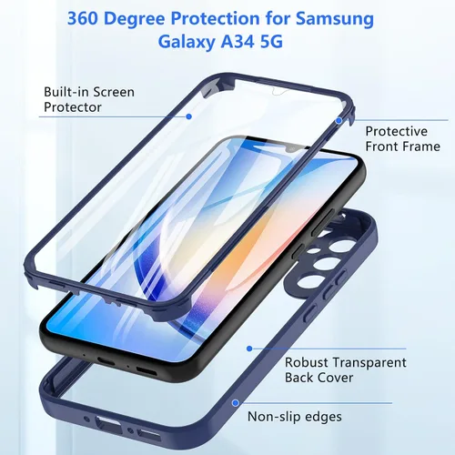 Vista 2 de OWKEY Funda para Samsung Galaxy A34 5G, 360° de cuerpo completo a prueba de golpes con protector de pantalla 9H integrado, funda resistente