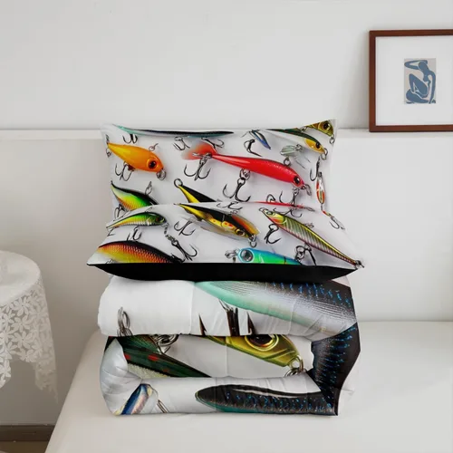 Vista 6 de Erosebridal Juego de ropa de cama de pesca tamaño individual, juego de edredón de peces coloridos para niños, adolescentes, hombres, pescadores