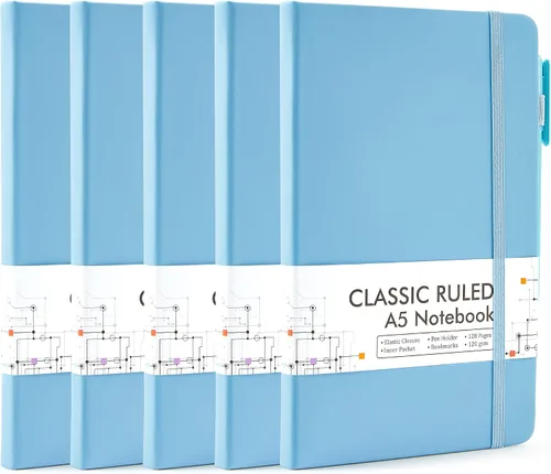 Vista 31 de feela Paquete de 5 cuadernos a granel, cuadernos de tapa dura clásicos rayados con soporte para bolígrafo para mujeres y niñas, suministros