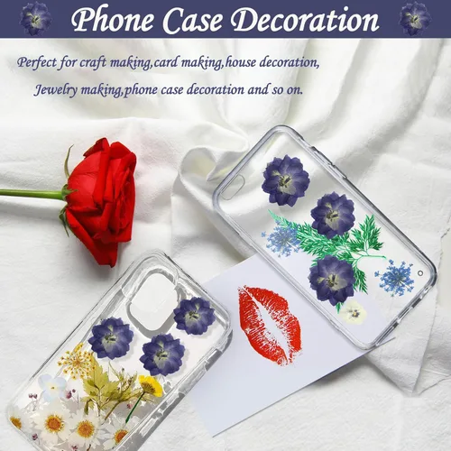 Vista 5 de Flores secas prensadas moradas grandes para adornos de manualidades de resina, 60 flores naturales prensadas para joyería de resina, caja