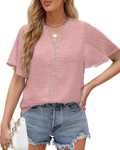 Vista 2 de WEESO Womens Tops Ruffle Sleeve V Neck Dressy Casual T Shirts Summer Fashion 2023