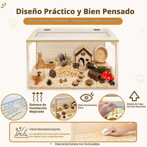 Vista 4 de PROLEE Jaula para hámster con parte superior de madera a prueba de masticación, jaulas de conejillo de indias, hábitat para hámster con hojas Roble