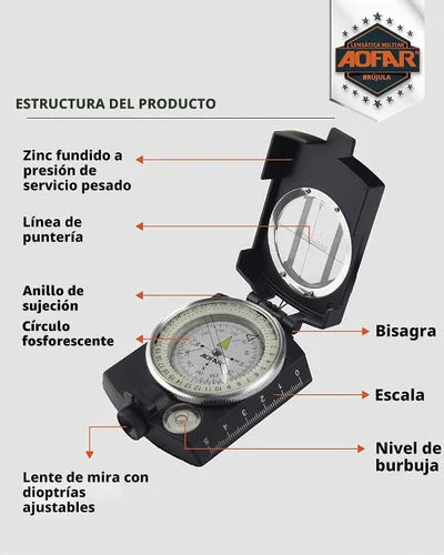 Vista 2 de AOFAR Military Compass,AF-4580 Lensatic Sighting, Waterproof and Shakeproof with Map Measurer Distance Calculator, Pouch for Camping, Hiking
