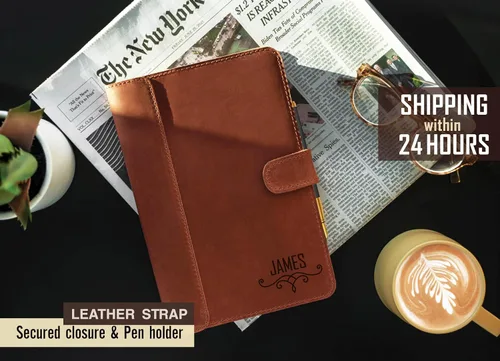 Vista 7 de Diario de cuero 100% genuino grabado con nombre o iniciales – Fabricado en Estados Unidos – Regalo personalizado para negocios, universidad, viajes