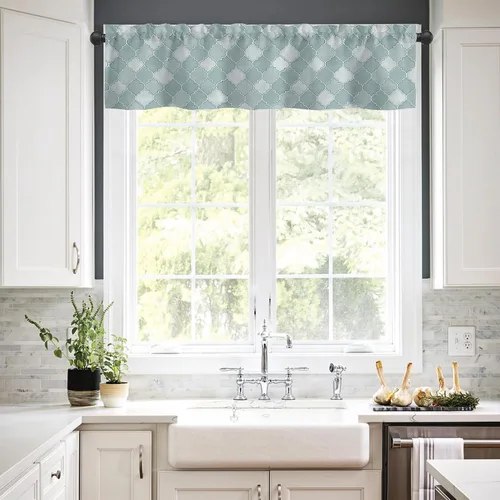 Vista 4 de Cortinas de cenefa para ventanas, patrón marroquí en acuarela, cenefa semitransparente, con formas geométricas abstractas, bolsillo para cortinero