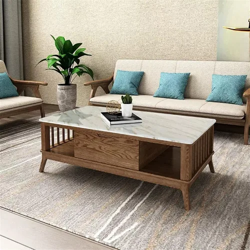 Vista 6 de Mesa de té para sala de estar, moderna mesa de centro de madera con cajones y estantes de almacenamiento, decoración rectangular elegante de 2