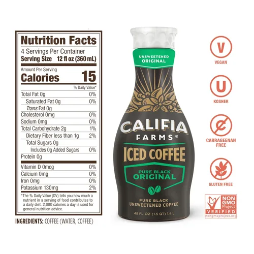 Vista 2 de Califia Farms - Café helado original negro puro, 48 onzas, café frío preparado, sin lácteos, a base de plantas, vegano, sin gluten, sin OMG, café