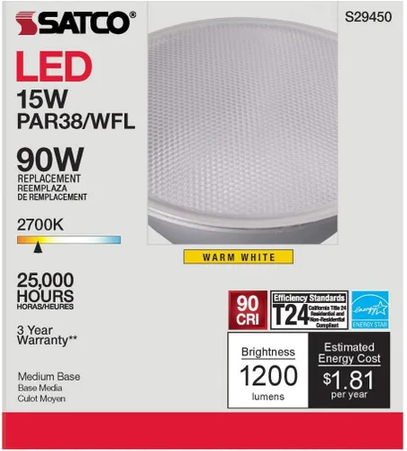 Vista 5 de Satco Bombillas LED reflectoras PAR38 de 15 W, 2700 K blanco cálido, 1200 lúmenes, base media E26, ángulo de haz de 60 grados, regulable, ubicación