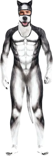 Vista 128 de Disfraz de animal para hombre con estampado de cola grande, overol peludo de elastano para cosplay, fiesta de Halloween