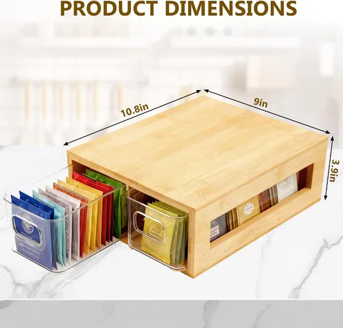 Vista 6 de Organizador de bolsitas de té, bambú y acrílico, soporte para bolsitas de té de madera, almacenamiento para cajones con 2 compartimentos espaciosos