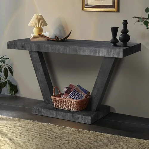 Vista 3 de Henf Mesa consola de 60 pulgadas moderna de madera para sofá de entrada detrás del sofá con base de soporte triangular para pasillo, entrada, sala