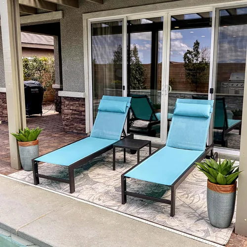Vista 20 de PURPLE LEAF Juego de sillas de lounge al aire libre de gran tamaño de 3 piezas para patio, tumbona para piscina, estructura de aluminio con mesa