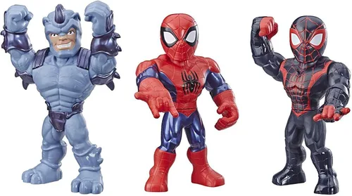 Vista 6 de Playskool Heroes Mega Mighties Marvel Super Hero Adventures Web Warriors Paquete de 3, Spider-Man, Kid Arácnido, Rinoceronte de Marvel, figuras