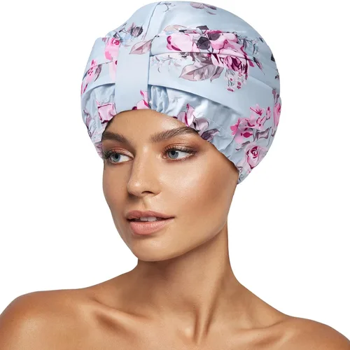 Vista 10 de Gorro de ducha de lujo para mujeres, reutilizable, impermeable, gorro de ducha de doble capa con correa elástica ajustable, gorro de baño grande