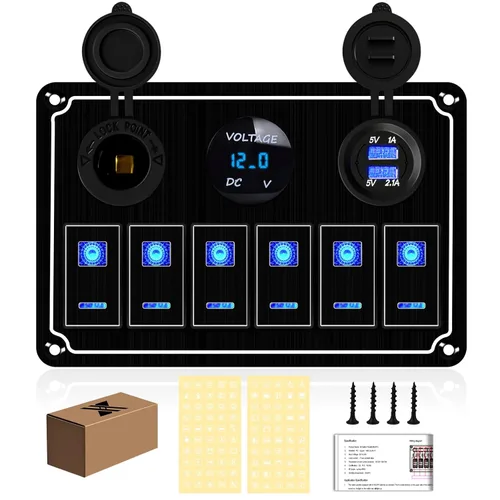 Vista 14 de Panel de interruptores de barco marino de 5 posiciones con cargador USB dual y voltímetro, panel de interruptores basculantes de aluminio