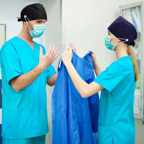 Vista 7 de Geyoga 6 piezas de gorras bouffant para trabajo y quirúrgicas, gorras de enfermera con botones y banda para el sudor, ajustable, con lazos