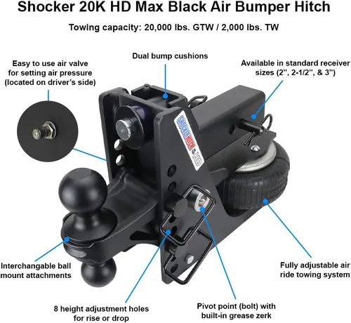 Vista 5 de Shocker HD Max Air Enganche y Bola Combinada, Se Adapta a Enganche de 2-1/2" Combo Negro Bolas de 2" y 2-5/16
