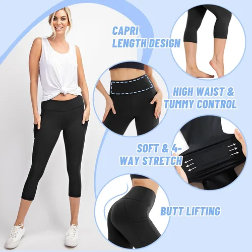 Vista 3 de NexiEpoch Paquete de 4 leggings para mujer con bolsillos, cintura alta, control de abdomen para entrenamiento, correr, pantalones capri de yoga