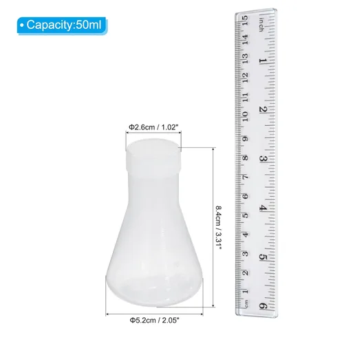 Vista 2 de PATIKIL Erlenmeyer - Frasco de plástico de 1.7 fl oz con tapas de rosca, 1 paquete de frasco cónico de boca estrecha para laboratorio, transparente