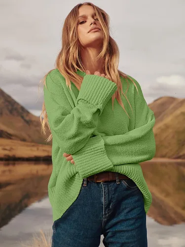 Vista 85 de LOGENE Suéter de gran tamaño para mujer, cuello redondo, manga larga, suave, mullido, suéter de punto 2025 para otoño e invierno