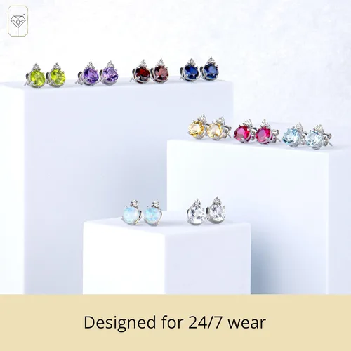 Vista 5 de Gemstone and Diamond Accent Halo Round Stud Earrings for Women in 925 Sterling Silver 7mm Birthstone with Push Backs by MAX + STONE