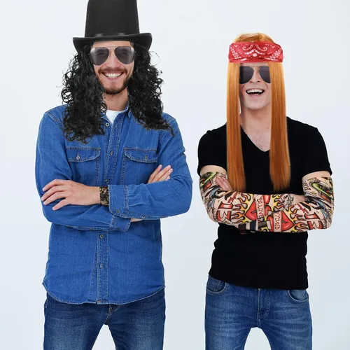 Vista 7 de Cindeer Juego de 8 piezas de disfraz de disco rockero de los años 80, incluye peluca rockera, mangas temporales de tatuaje, sombrero negro, diadema