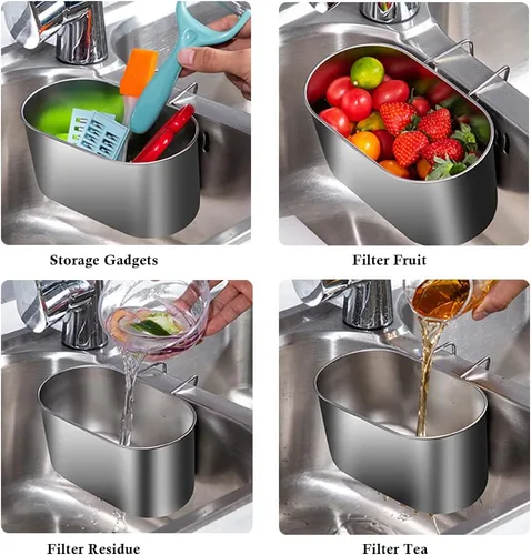 Vista 6 de Cesta coladora de drenaje de fregadero de acero inoxidable, colador multifunción para fregadero, colador de alimentos de cocina para filtro