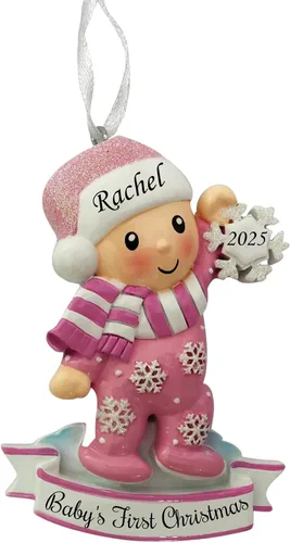 Vista 7 de Adorno personalizado para bebé niño en pijama con copo de nieve 2024, adorno para primer árbol de Navidad, decoración artesanal personalizada