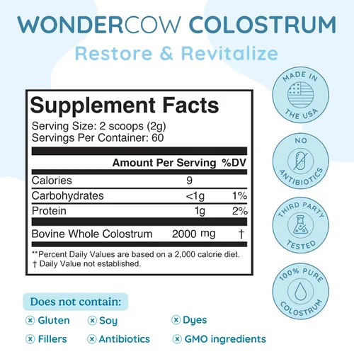 Vista 3 de WONDERCOW Polvo de calostro entero + péptidos de colágeno pirdolizados para la salud intestinal, apoyo inmunológico y apoyo para el cabello, la piel