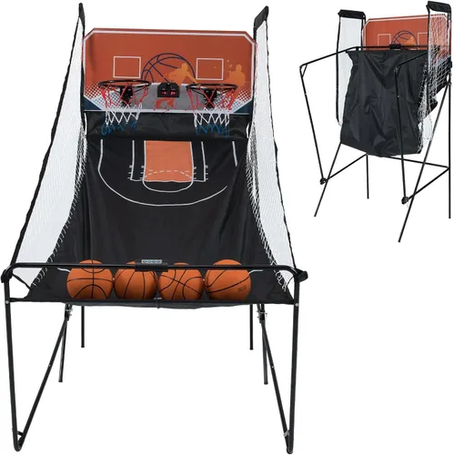 Vista 11 de GYMAX Juego de baloncesto arcade plegable para interiores con 8 modos de juego, sonido de arcade, 4 bolas y bomba de inflado, juegos de baloncesto