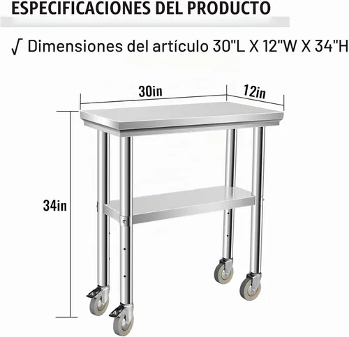 Vista 2 de Mesa de acero inoxidable para preparación de 30 x 12 pulgadas, mesa de trabajo resistente con 4 ruedas para cocina comercial, restaurante, hogar
