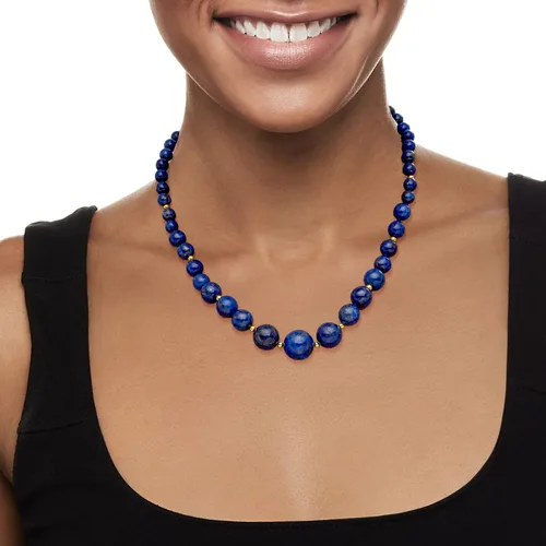 Vista 2 de Ross-Simons 6-13mm Lapis Bead Graduated Necklace With 14kt Yellow Gold