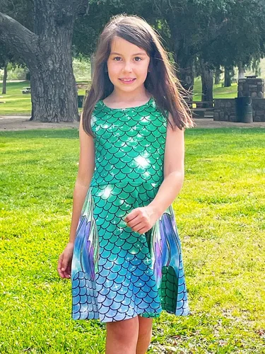 Vista 5 de Funnycokid Girls Mermaid Dress Kids Summer Sleeveless Dresses Birthday Sundress Swing Outfit 4-13 Years