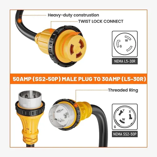 Vista 2 de MECMO Cable adaptador de corriente marina de 50 amperios a 30 amperios, enchufe marino 50A SS2-50P a L5-30R RV 30A Receptáculo hembra adaptador