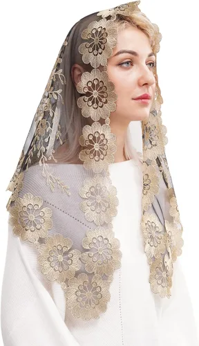 Vista 2 de Mantilla triangular de encaje para cubrir la cabeza de masas latinas velo de encaje grande
