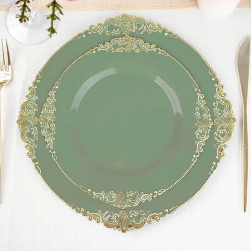 Vista 24 de Efavormart - Paquete de 10 platos de postre barrocos negros y dorados de 8 pulgadas, platos de aperitivo resistentes con borde metálico en relieve