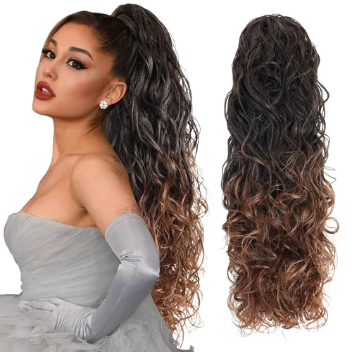 Vista 12 de Extensiones de cabello ombré 1B/27, cola de caballo para mujeres negras, extensiones de cola de caballo largas onduladas con cordón, extensiones