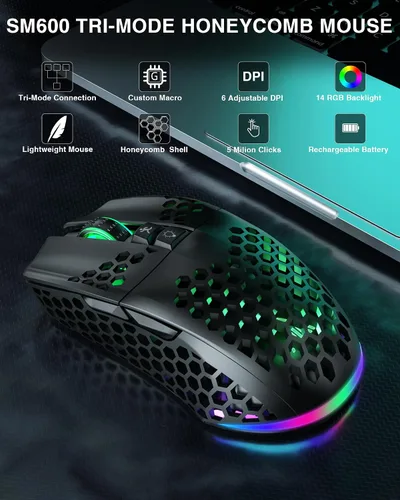 Vista 2 de SOLAKAKA SM600 Honeycomb Shell Gaming Mouse inalámbrico, Tri-Modos BT5.12.4G InalámbricoTipo-C Ratón gamer con cable con 2 botones laterales, macro