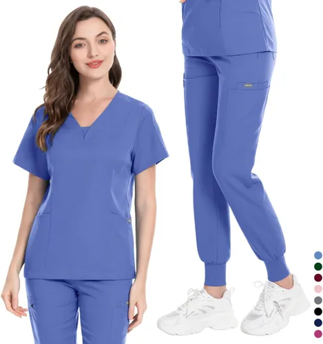 Vista 4 de niaahinn Conjunto de traje médico para mujer, moderno cuello en V + pierna con cordón, pantalones deportivos para enfermería médica (ceil, talla M)