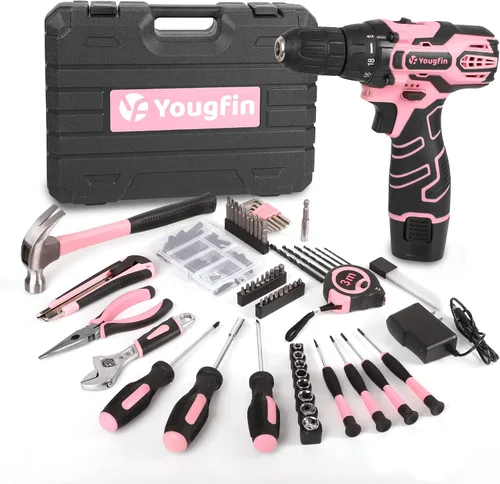 Vista 10 de Kit de herramientas YOUGFIN con taladro de 12V, juego de herramientas para el hogar con taladro inalámbrico para hombres, caja de herramientas