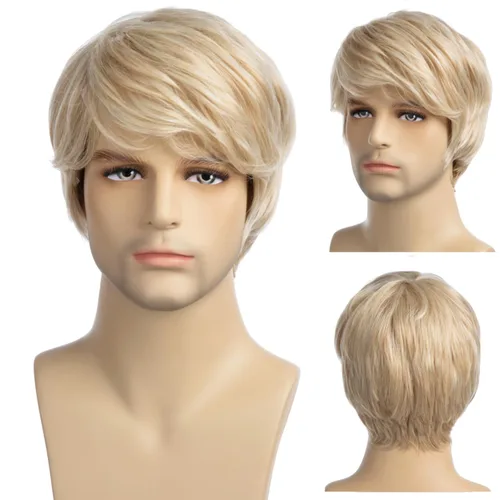 Vista 20 de Peluca negra corta y rizada para hombre, peluca sintética para cosplay, con gorra de peluca