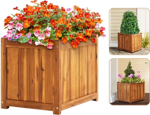 Vista 14 de Juego de 3 cajas de flores de madera para exteriores, macetas de barril de madera de acacia duraderas para plantas al aire libre con asas
