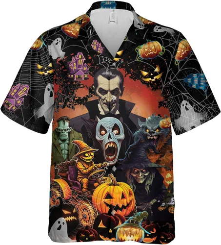 Vista 8 de Camisas hawaianas góticas para hombre, juego de camisas hawaianas con botones de terror para Halloween, 58 Halloween_31